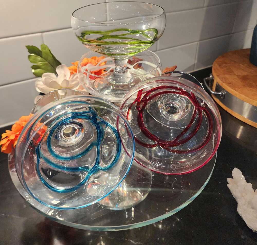 Set of 8 Hand-Blown Ribbon Swirl Stem Glasses | 2 Each Color (Red, Blue, Green &